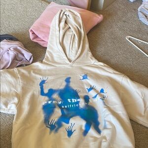 Cream Hoodie with Blue Graphic